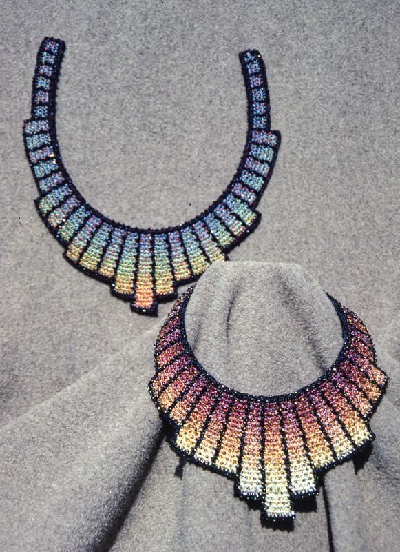 Elizabeth Tuttle, Sunray Collars. Crocheted cotton sewing thread with glass beads. 12 x 7 inches, each.