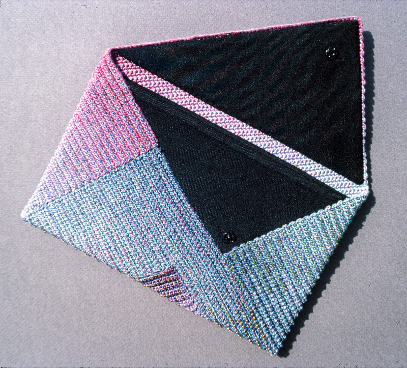 Elizabeth Tuttle, Floating Squares Envelope. Crocheted cotton sewing thread with glass beads and rayon ribbon. 5.5 x 8.5 inches. [Opened View]