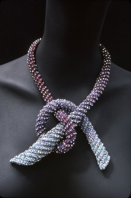 Elizabeth Tuttle, Dark Blue and Violet Rope Collar. Crocheted cotton sewing thread with glass beads.